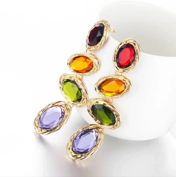 Vintage Style Colorful Crystal Indian Boho Gemstone Drop Statment Gold Earrings - Picture 2 of 4